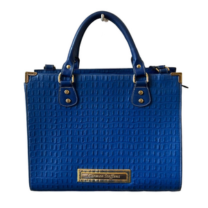 Carmen Steffens Blue Crocodile-Embossed Tote Handbag Shoulder Bag Gold Trim EUC